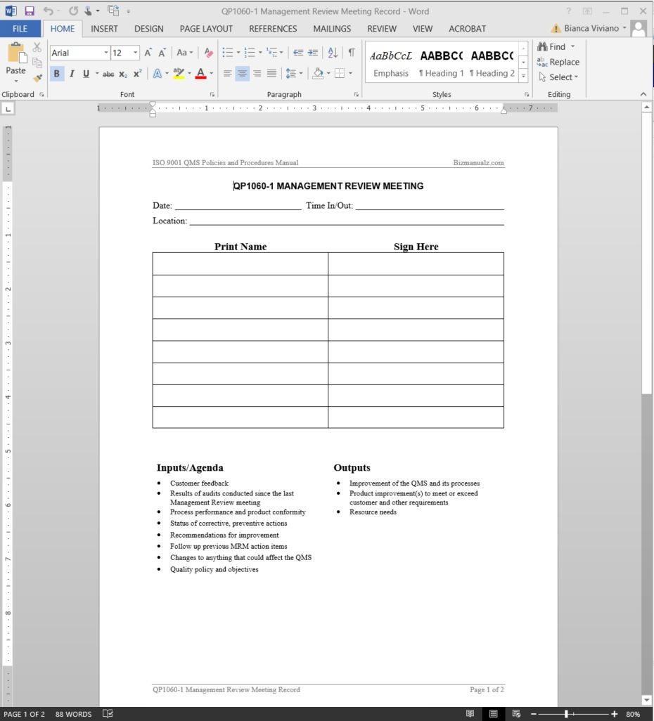 Management Review Meeting Record Iso Template Qp1060 1 inside proportions 930 X 1026