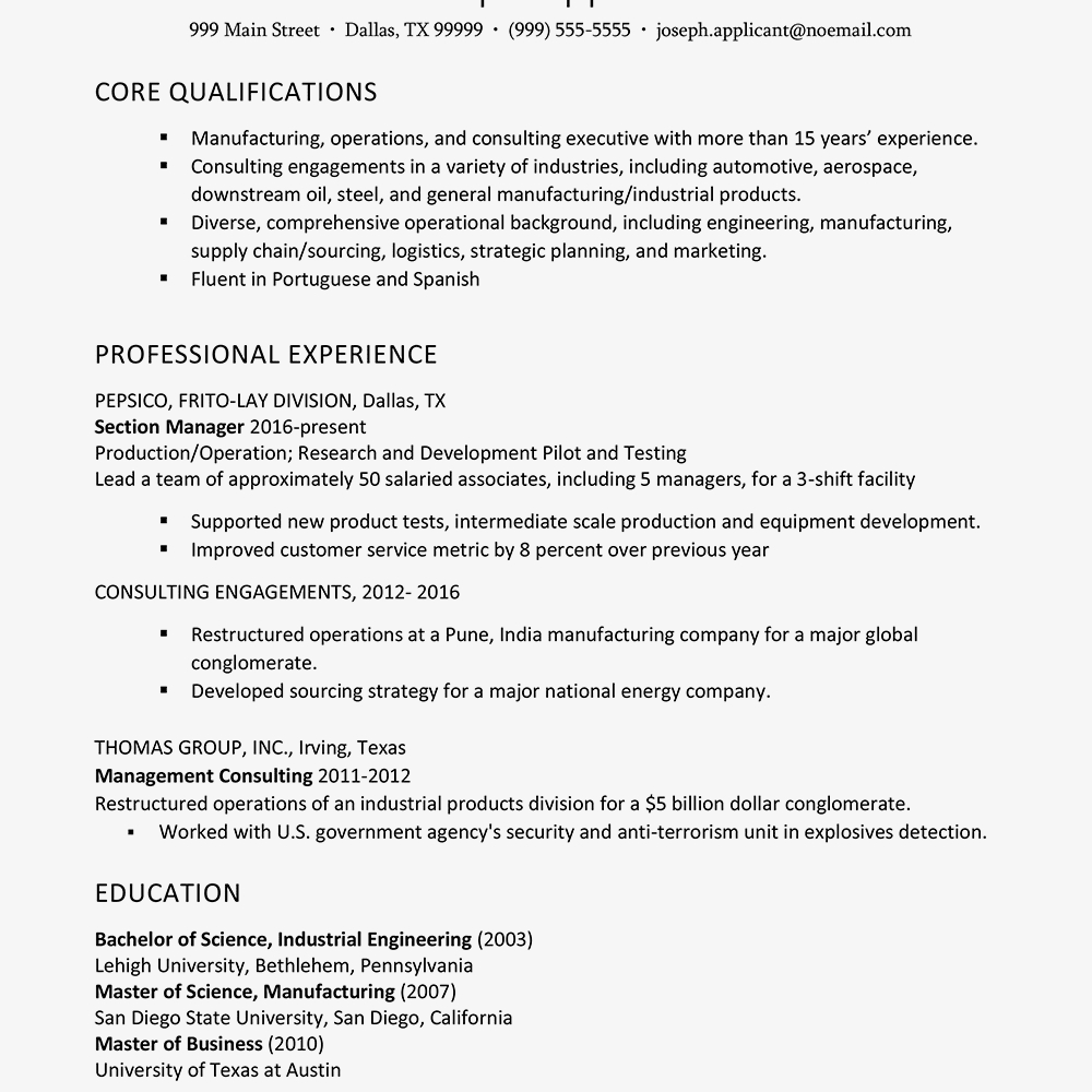 Manufacturing Operations And Consulting Executive Resume inside measurements 1000 X 1000