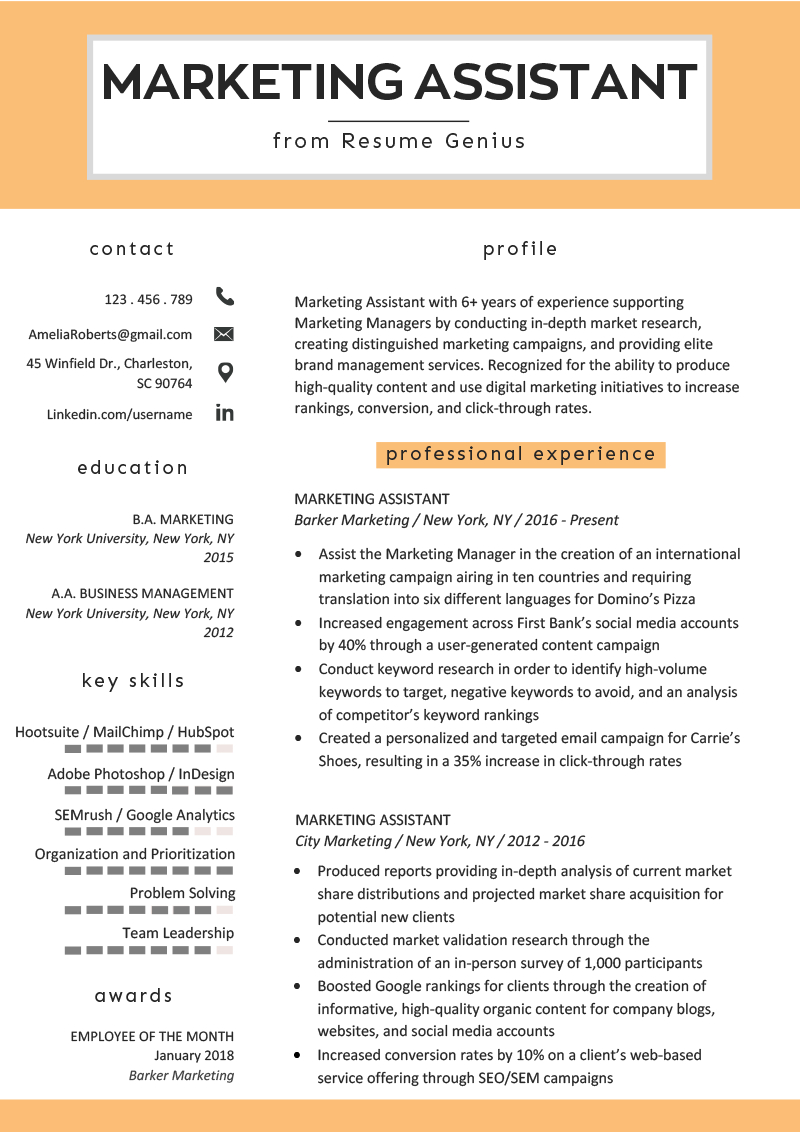 Marketing Assistant Resume Example Tips Resume Genius intended for dimensions 800 X 1132