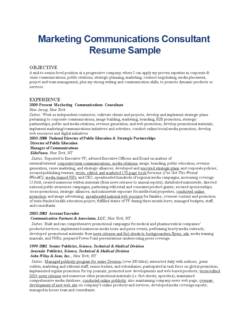 Marketing Communications Consultant Resume Templates in sizing 816 X 1056