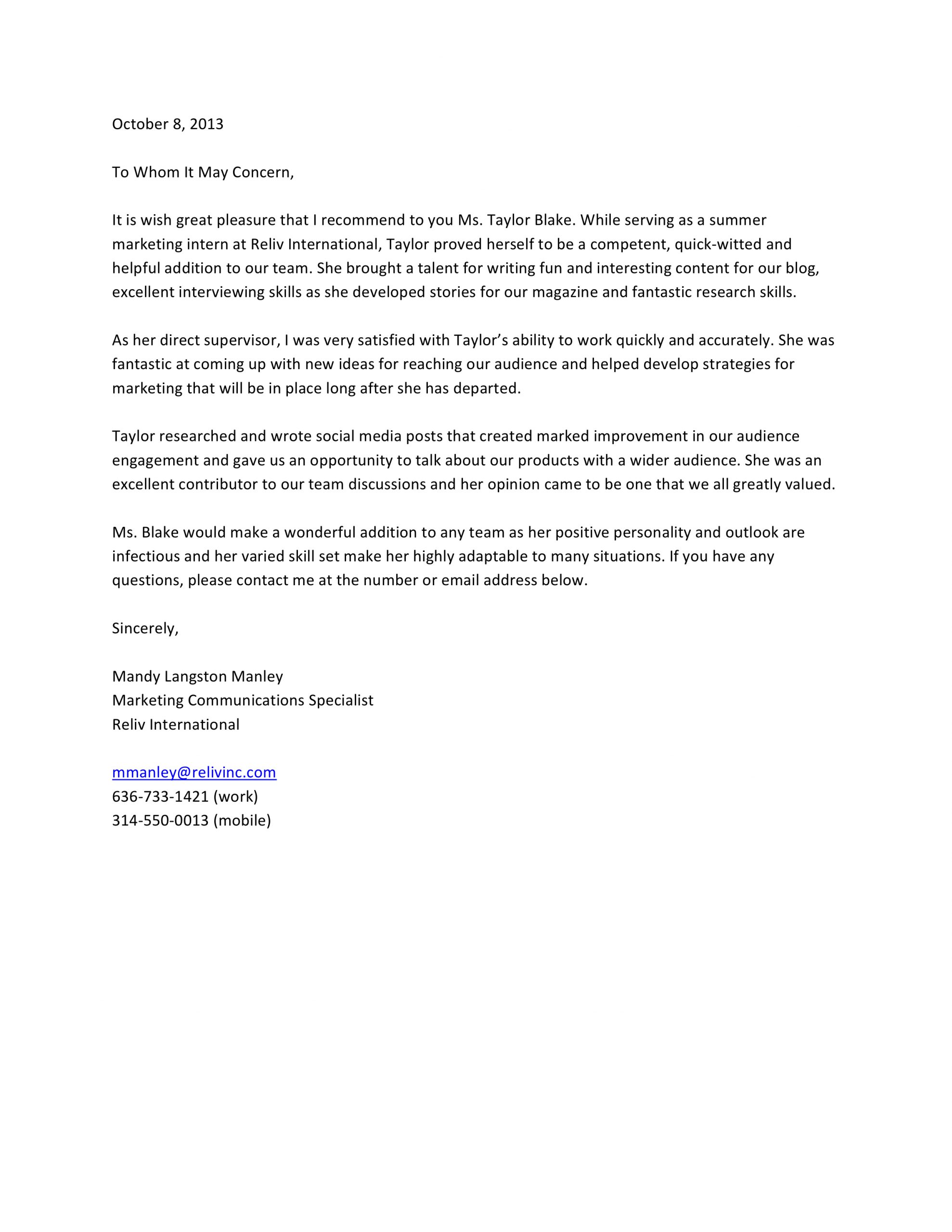 Recommendation Letter For Marketing Intern • Invitation Template Ideas 4881