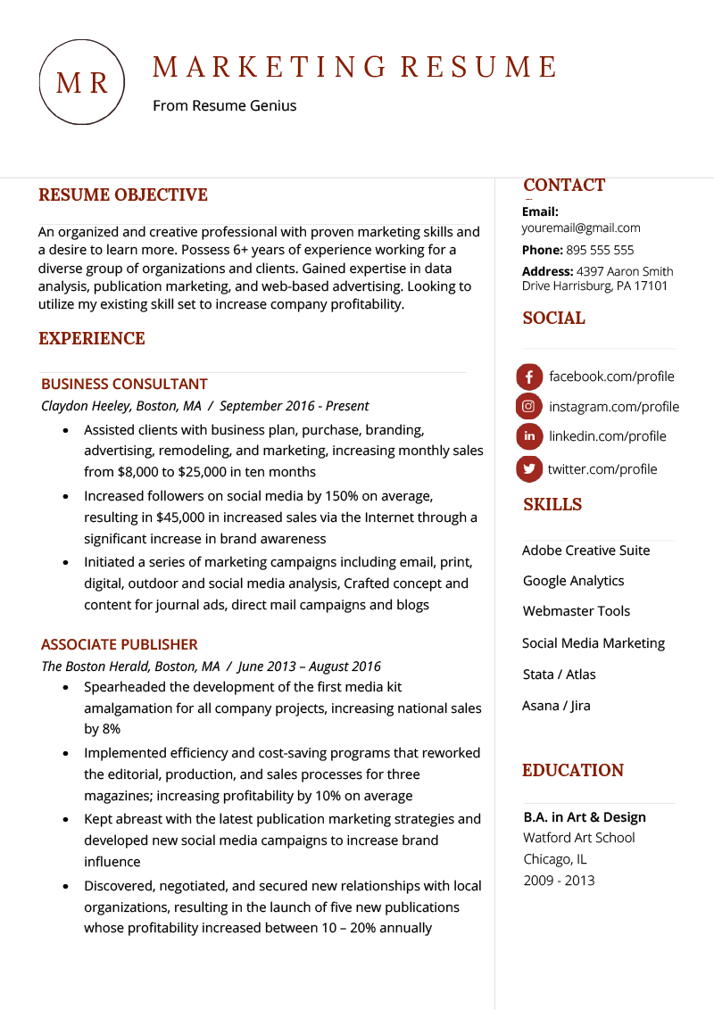 Marketing Resume Sample Writing Tips Resume Genius with dimensions 800 X 1132