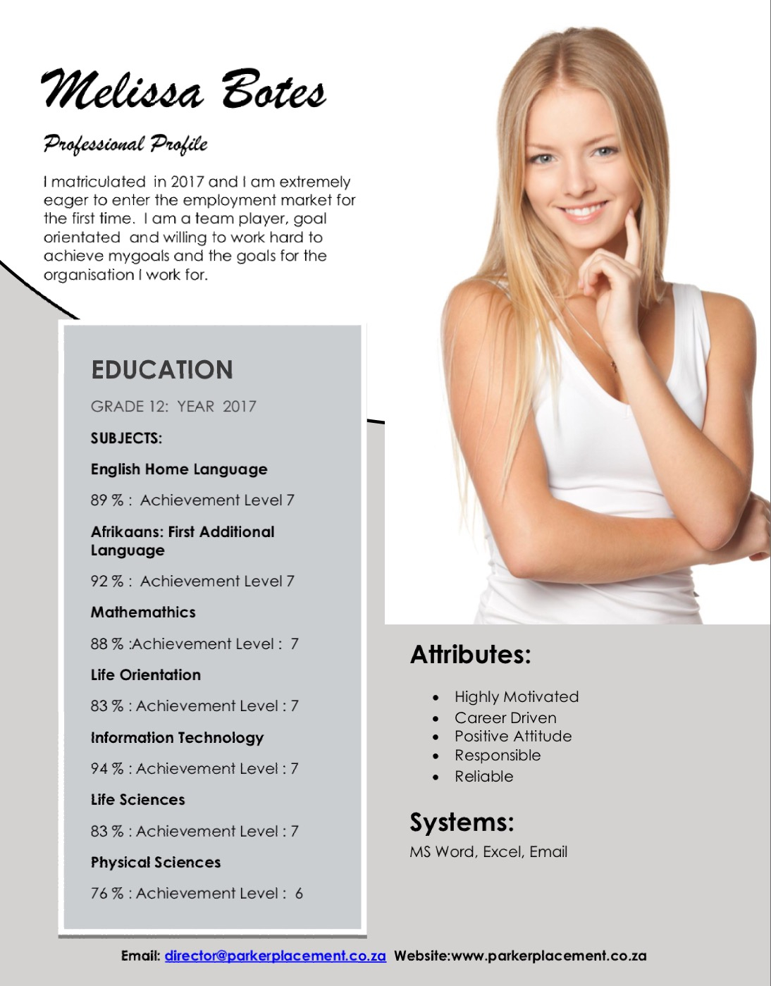 Matric Student Resume Templates Parker Placements within proportions 1094 X 1399