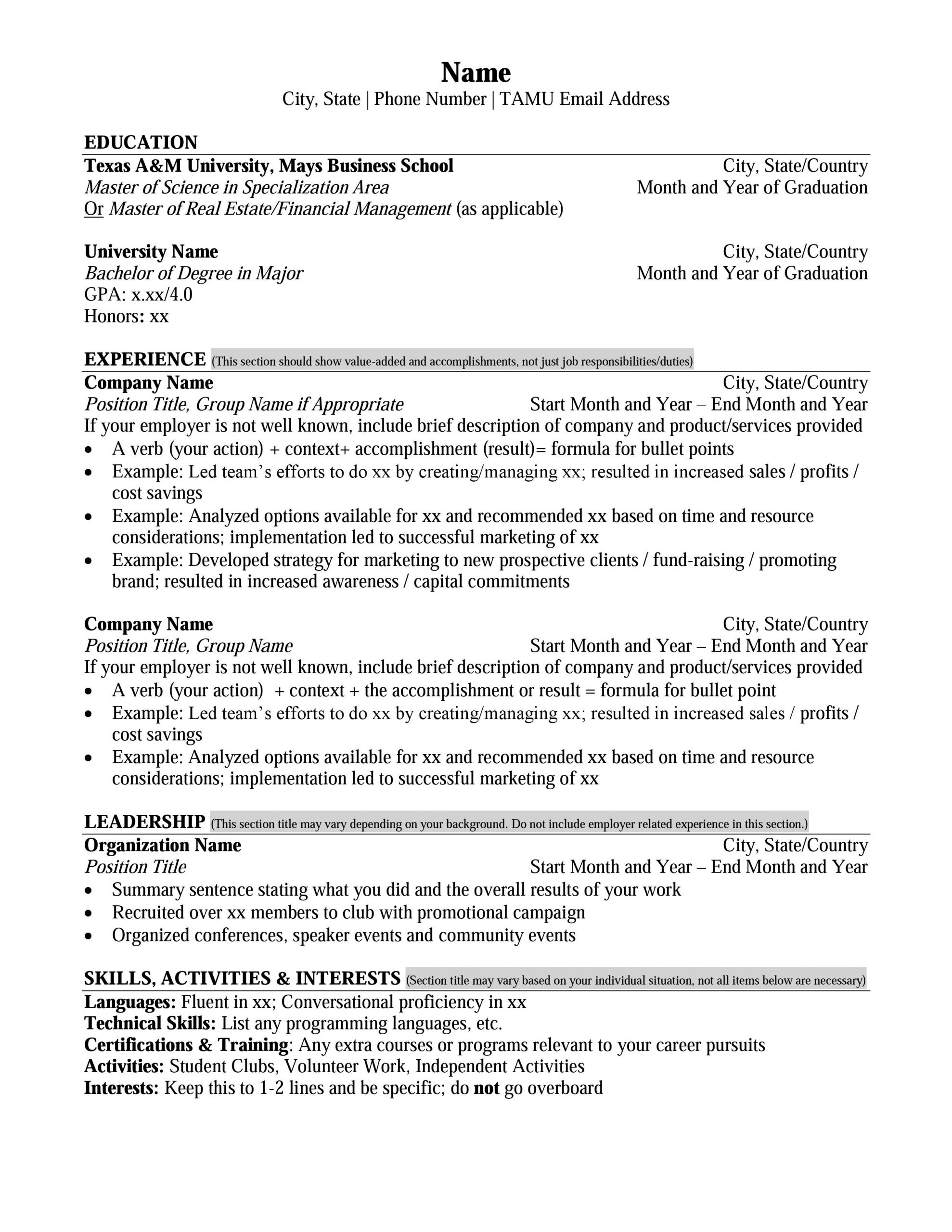 Mays Masters Resume Format Career Management Center Mays for size 2550 X 3300