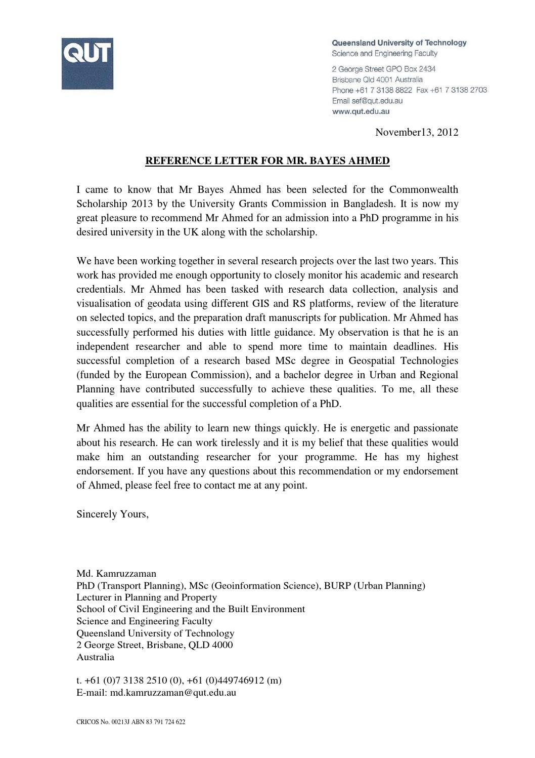 Recommendation Letter Civil Engineering Masters 