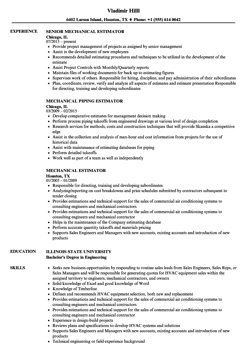 Mechanical Estimator Resume Samples Velvet Jobs regarding proportions 860 X 1240