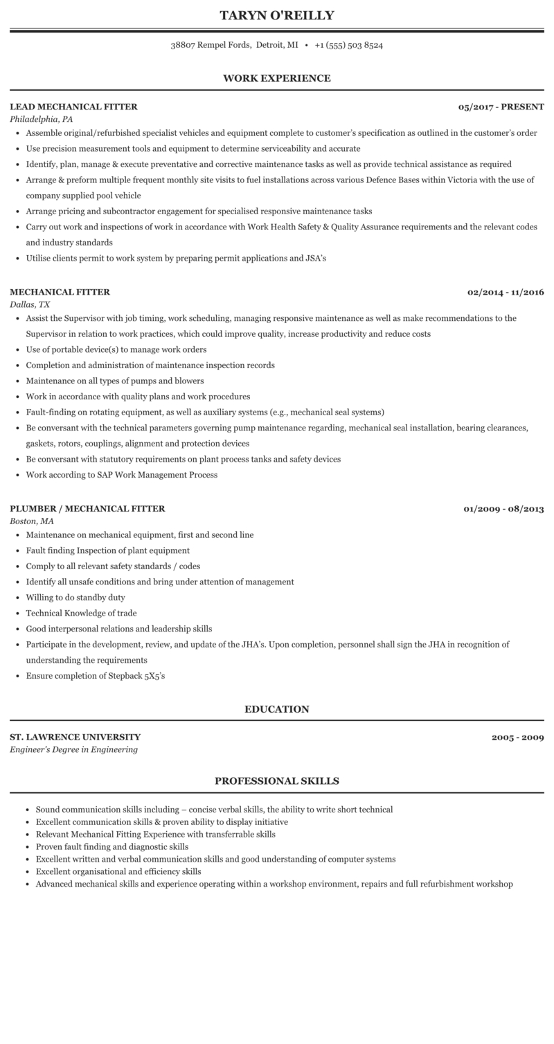 Mechanical Fitter Resume Sample Mintresume inside dimensions 800 X 1506