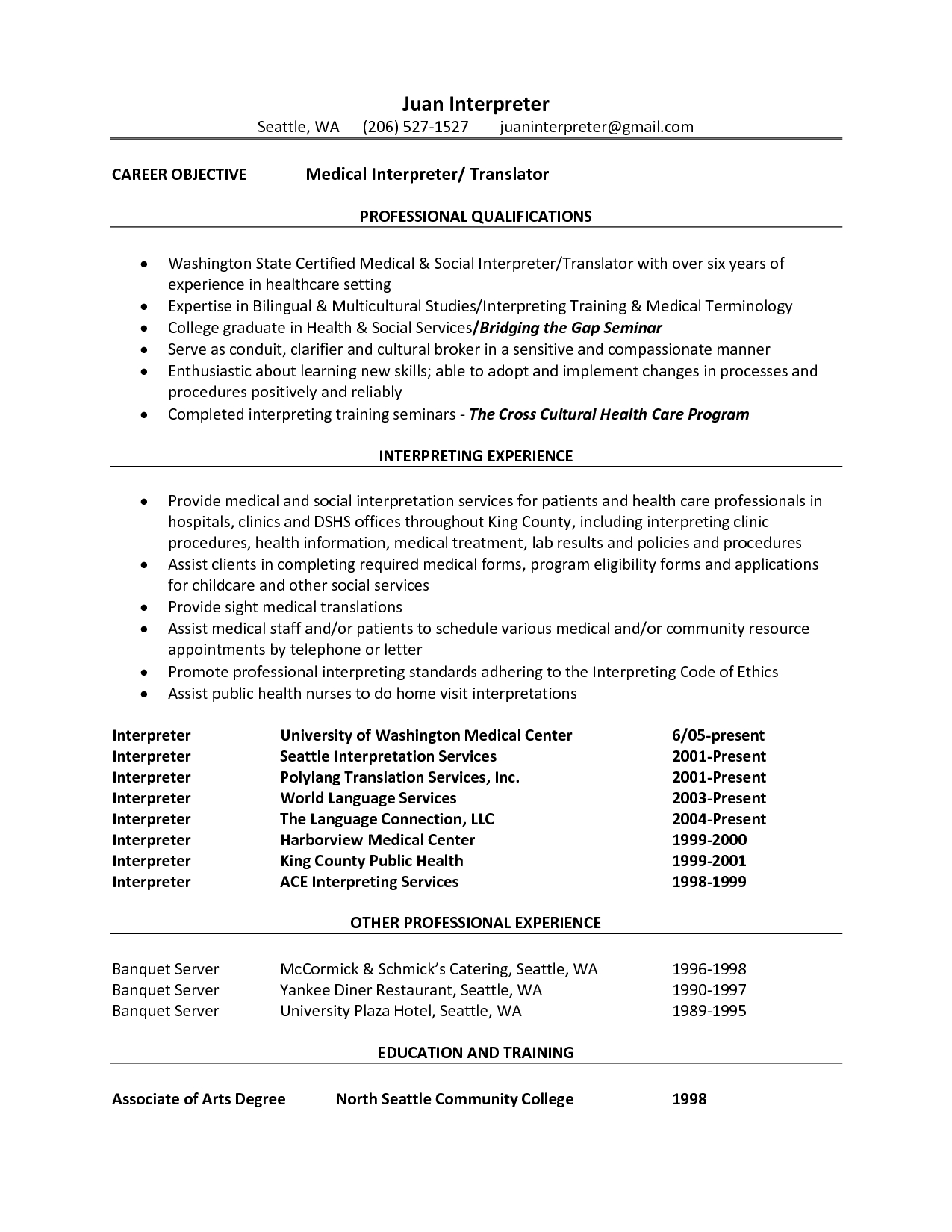 Medical Interpreter Resume Objective Interpreter Resume pertaining to proportions 1275 X 1650