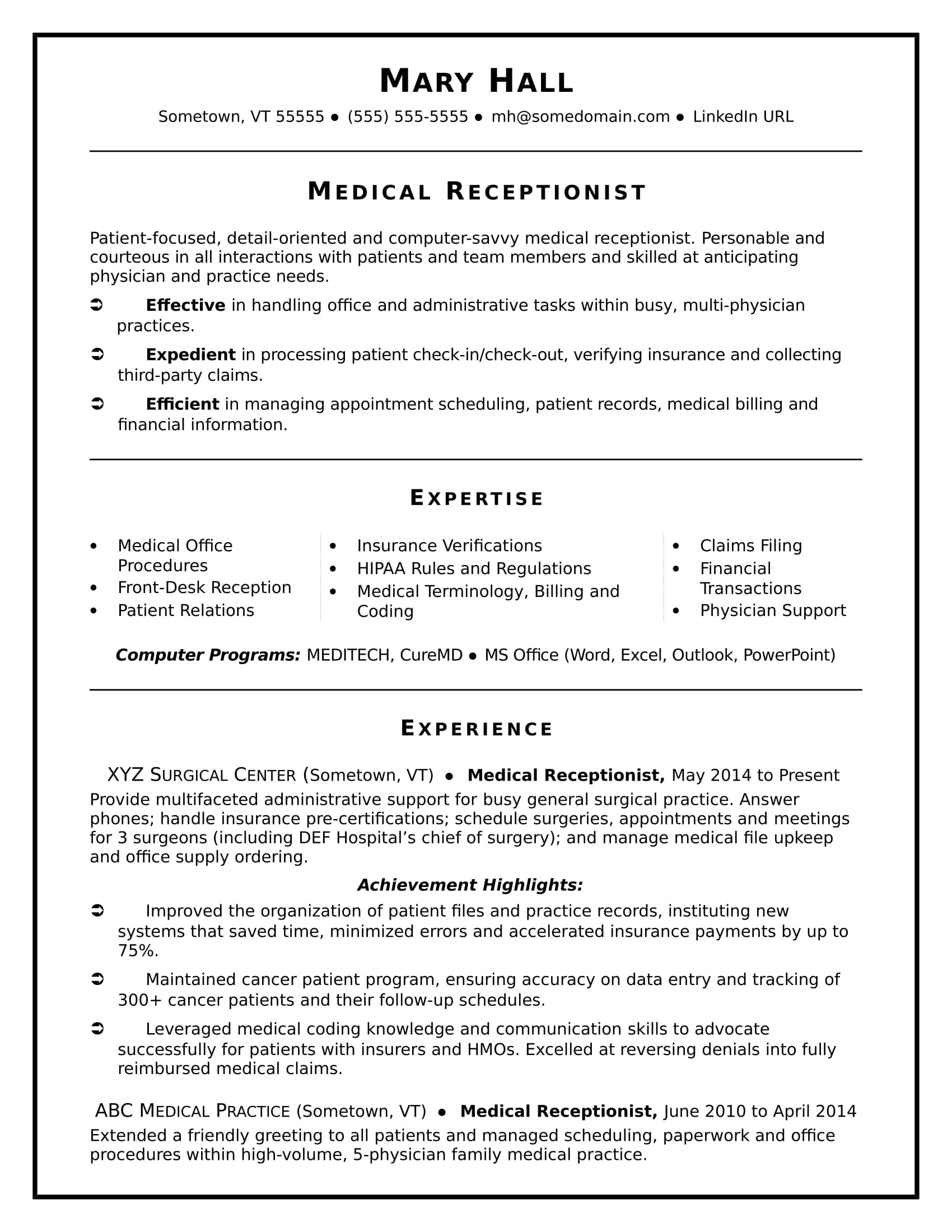 Medical Receptionist Resume Sample Monster pertaining to proportions 1700 X 2200