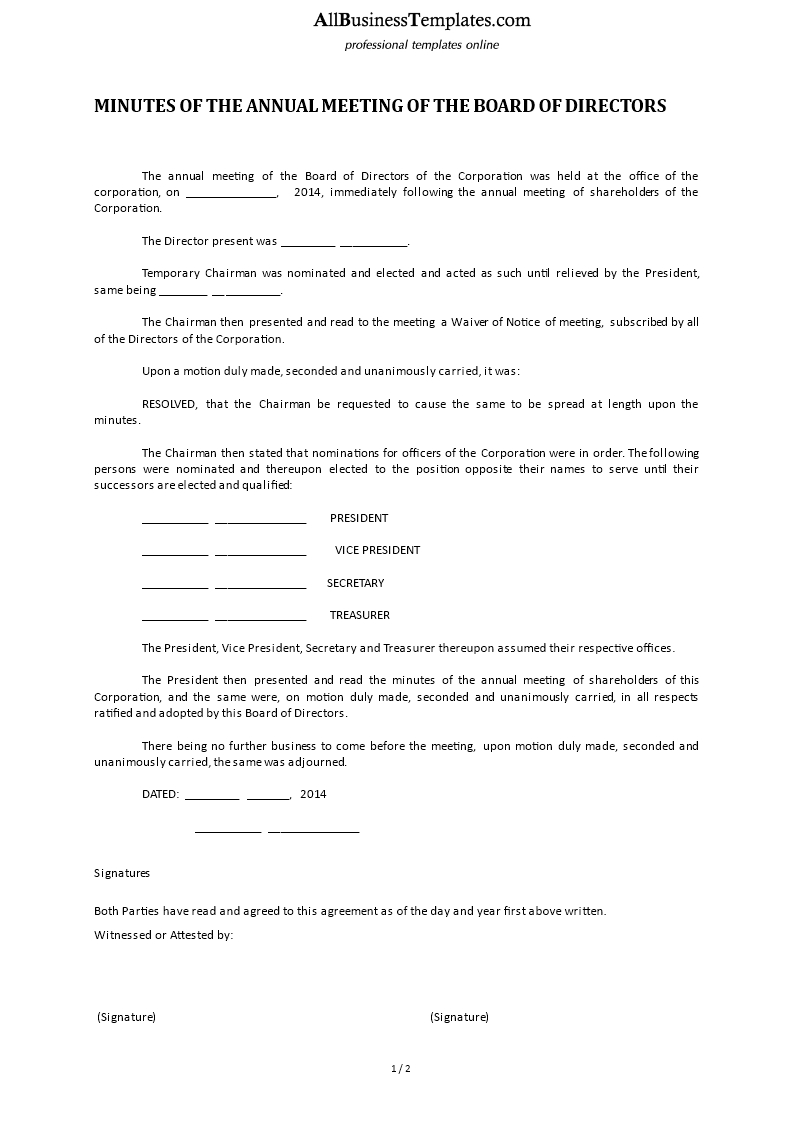 Meeting Minutes Board Of Directors Annual Meeting with regard to dimensions 793 X 1122