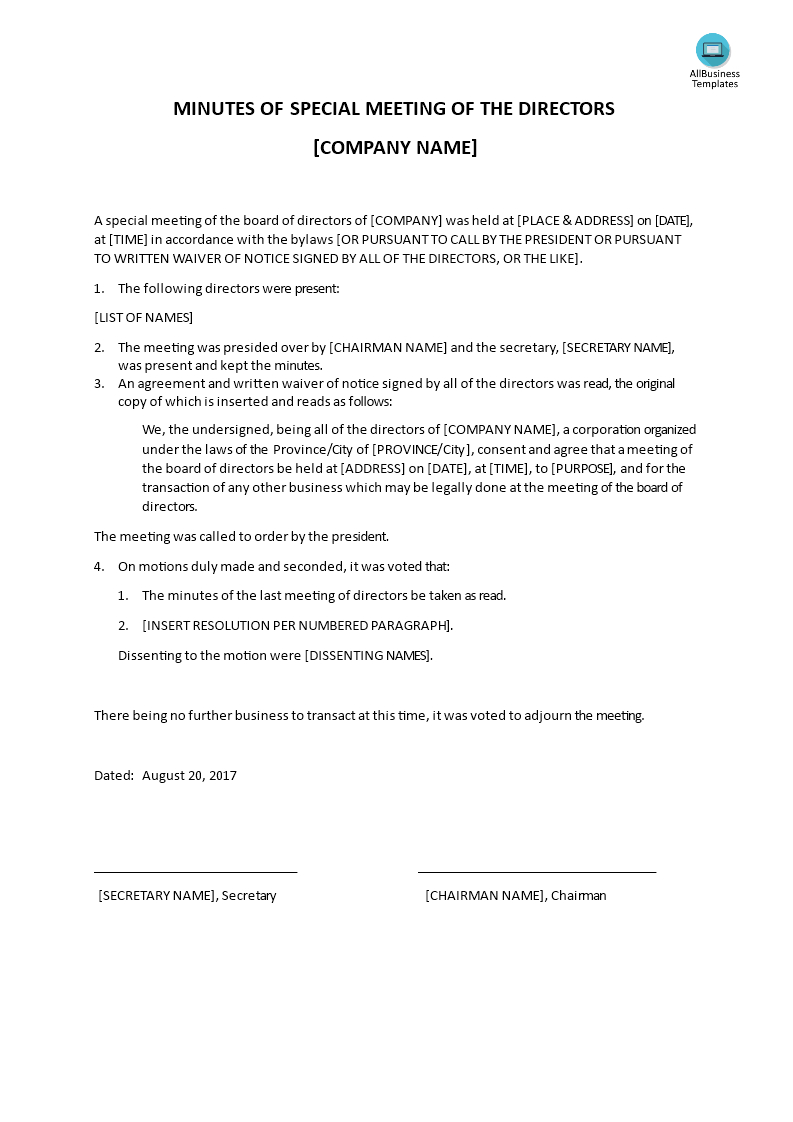 Meeting Minutes For Special Meeting Of Directors Templates with regard to sizing 793 X 1122