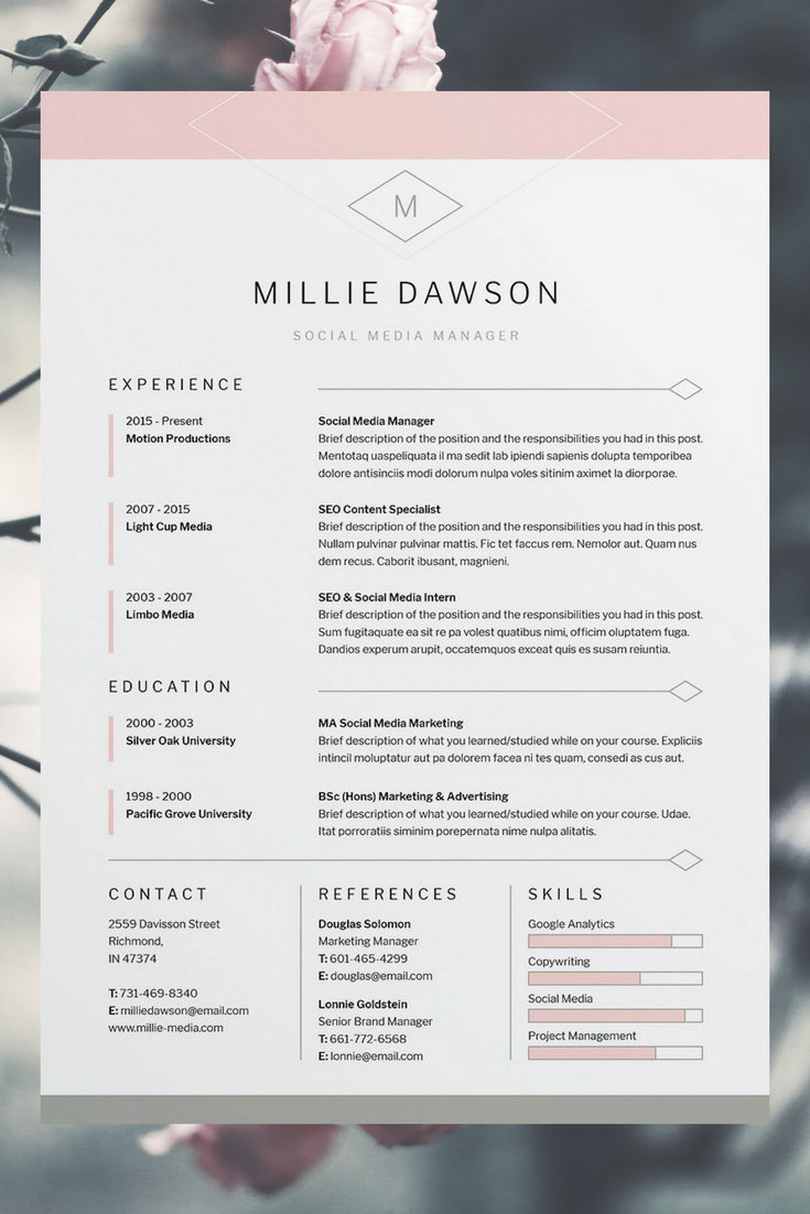 Millie Resumecv Template Word Photoshop Indesign with measurements 735 X 1102