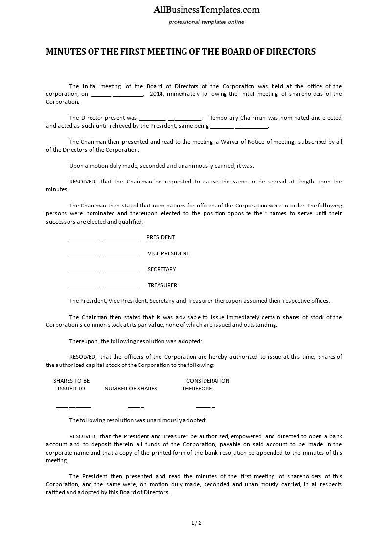 Minutes First Meeting Of The Board Of Directors Templates At inside dimensions 793 X 1122