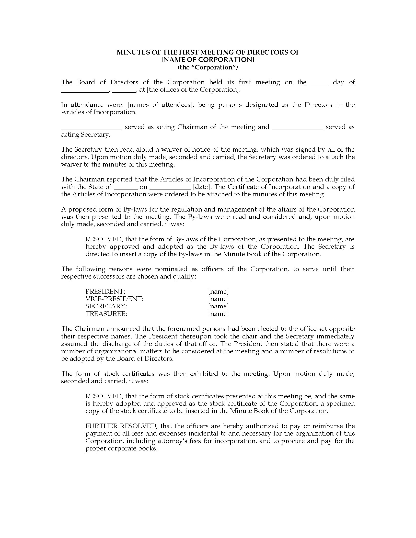 Minutes Of Initial Directors Meeting Usa within measurements 1700 X 2200