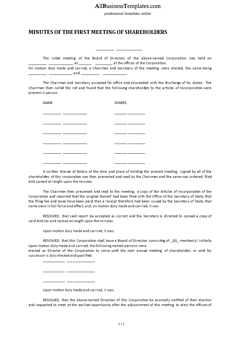 Minutes Of The First Meeting Of Shareholders Templates At in sizing 793 X 1122