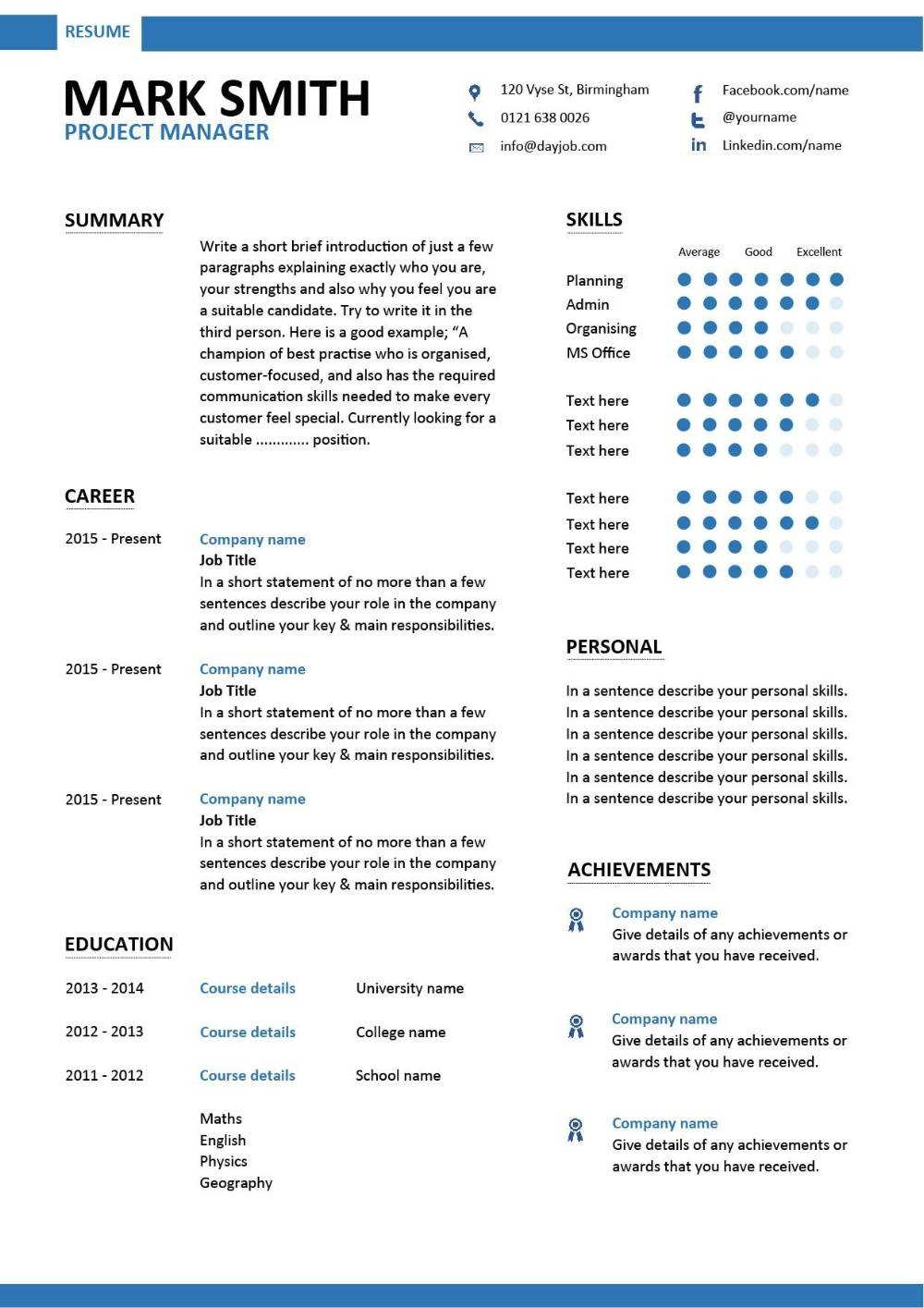 One Page Resume Template For Project Manager • Invitation Template Ideas