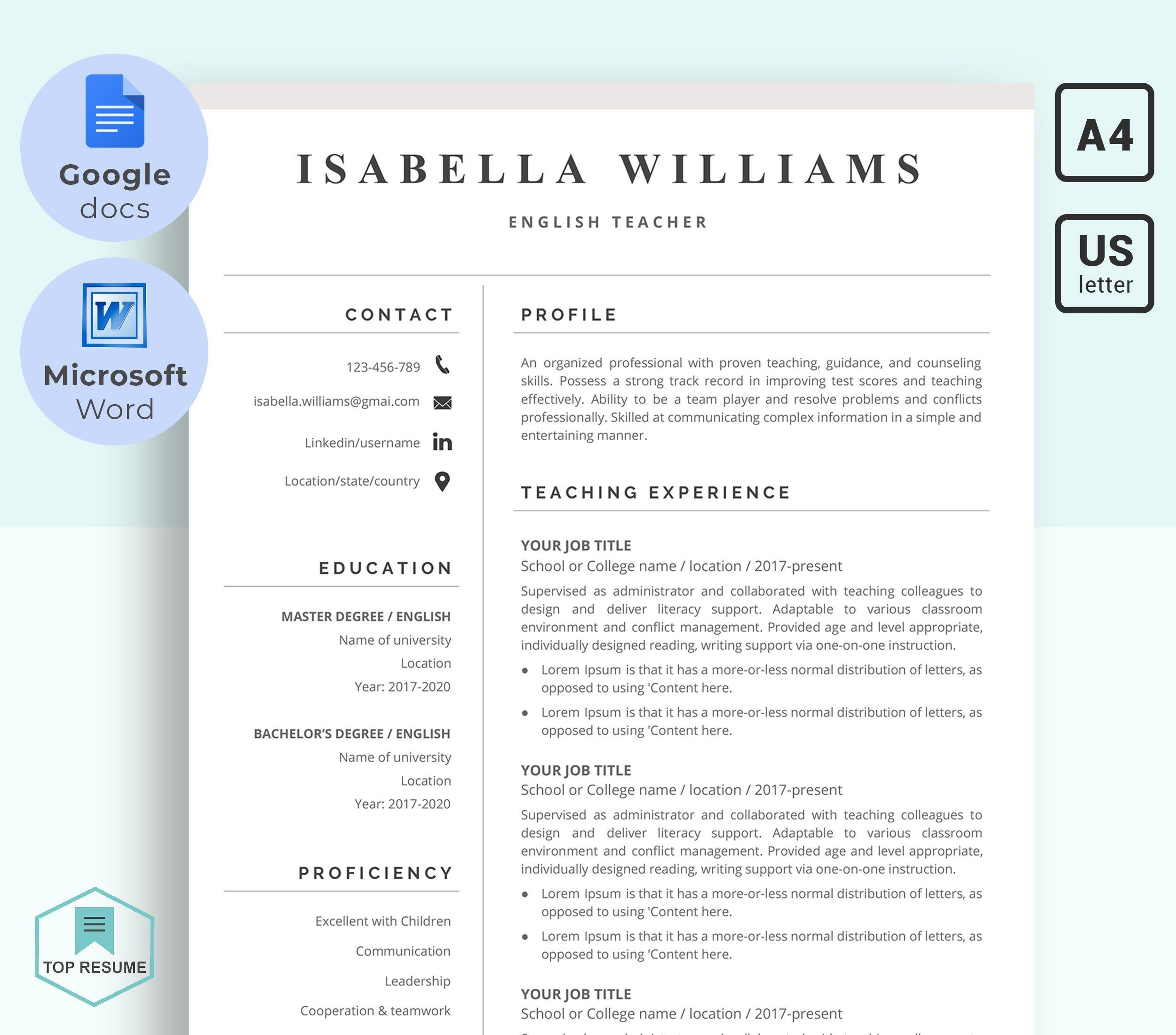 Ms Word And Google Docs Resume Template For Teacher regarding measurements 2500 X 2200