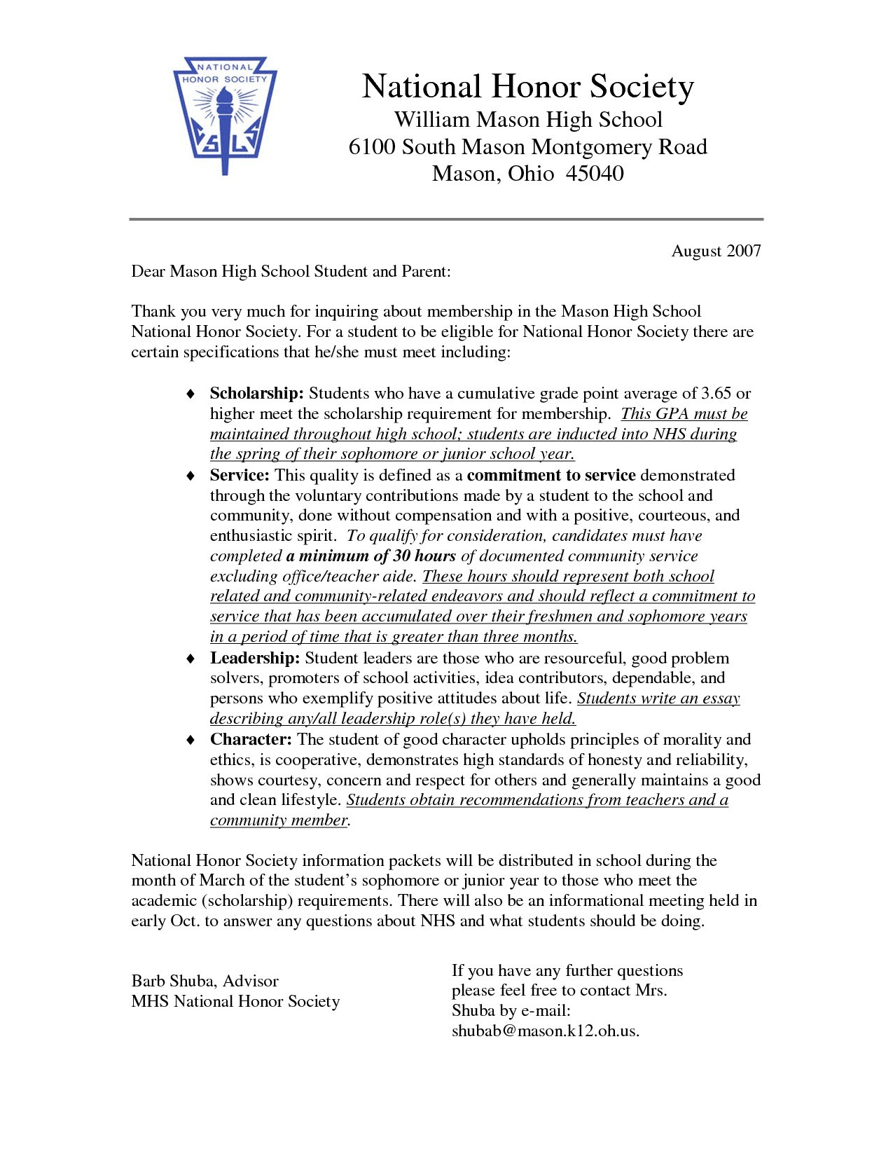 National Junior Honor Society Letter Of Recommendation regarding measurements 1275 X 1650