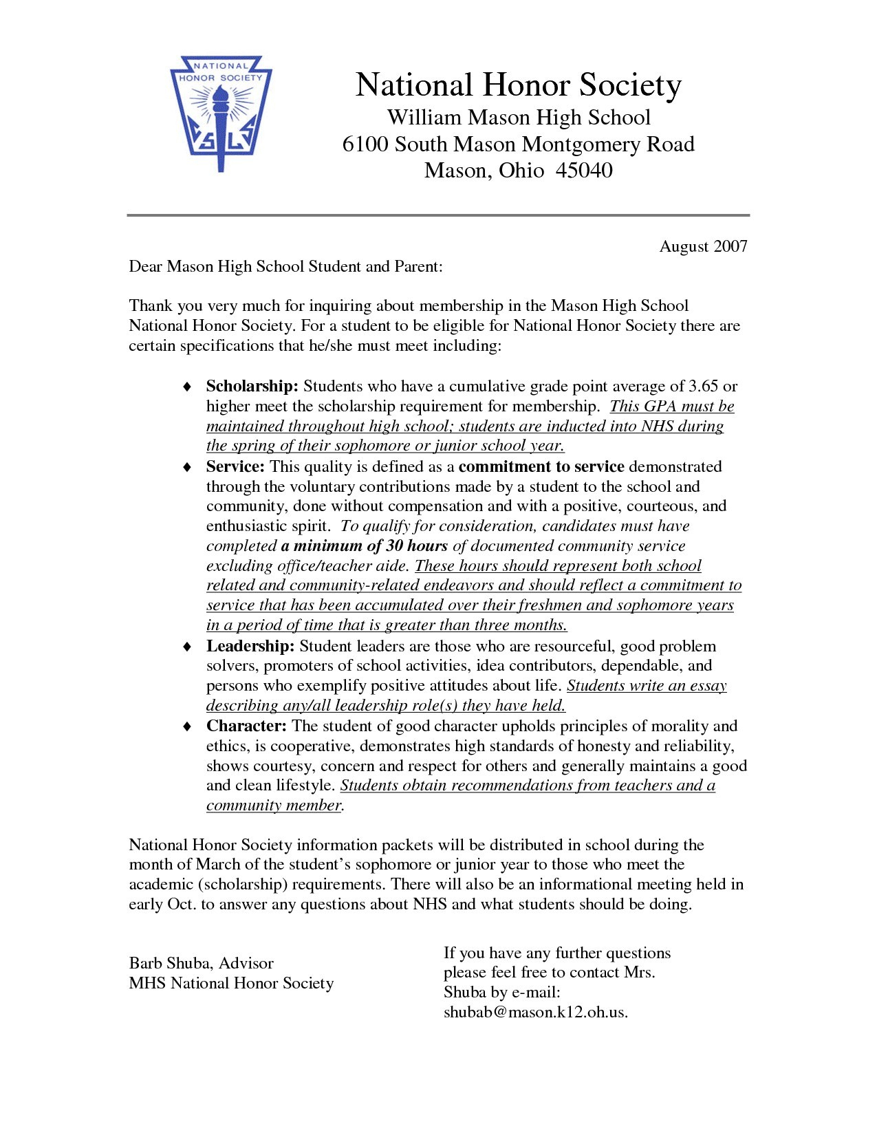 National Junior Honor Society Letter Of Recommendation with measurements 1275 X 1650