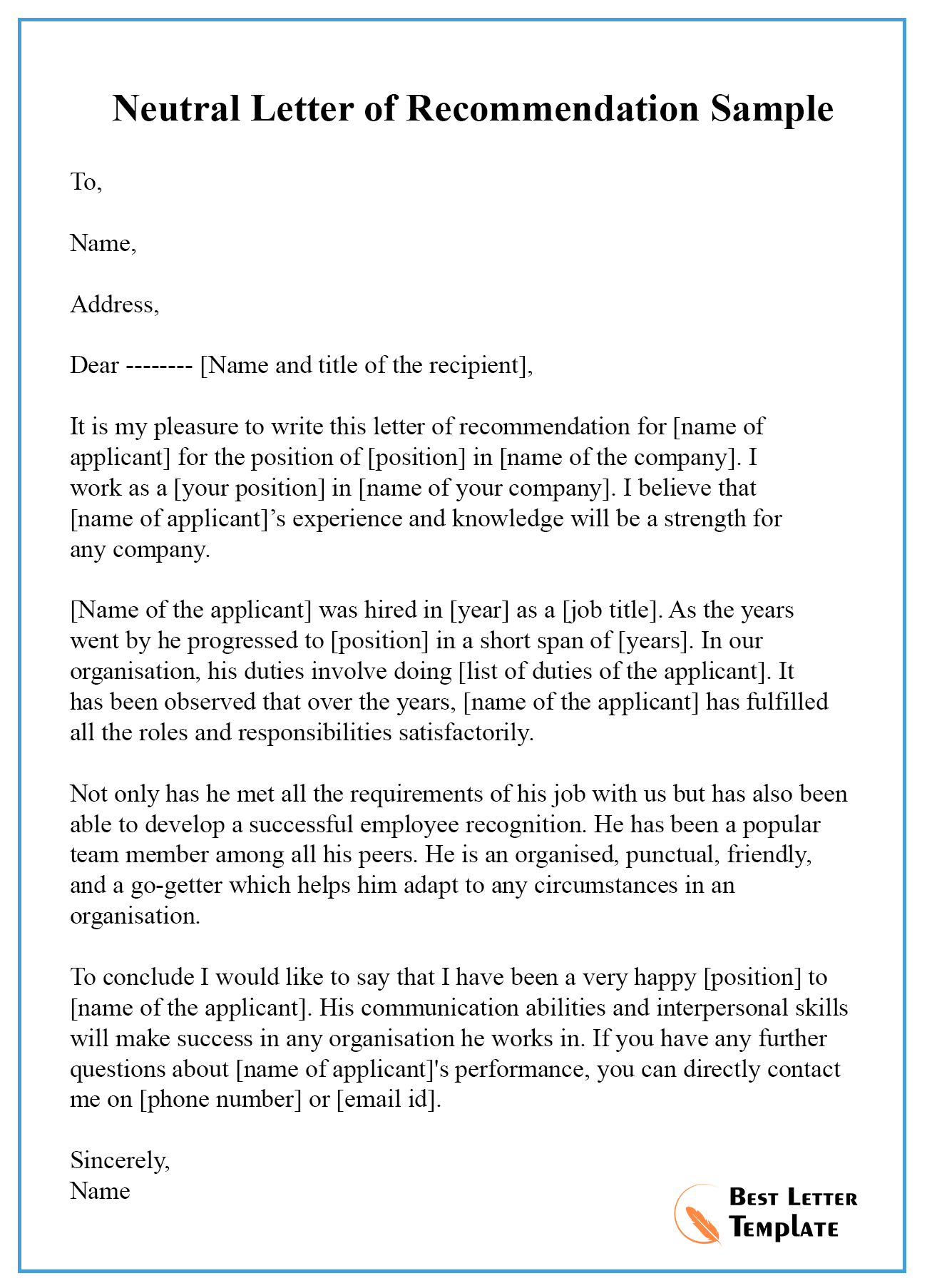 Neutral Letter Of Recommendation Sample Best Letter Template with regard to proportions 1300 X 1806