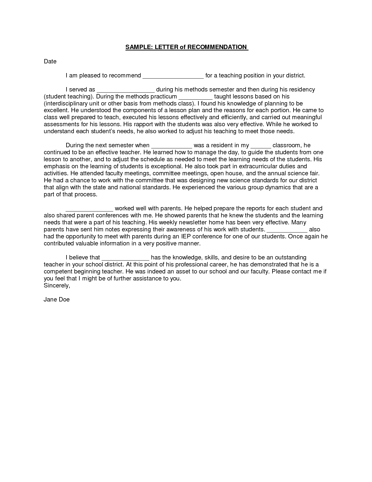 New Sample Of Letter Of Recommendation For Job Teacher for sizing 1275 X 1650