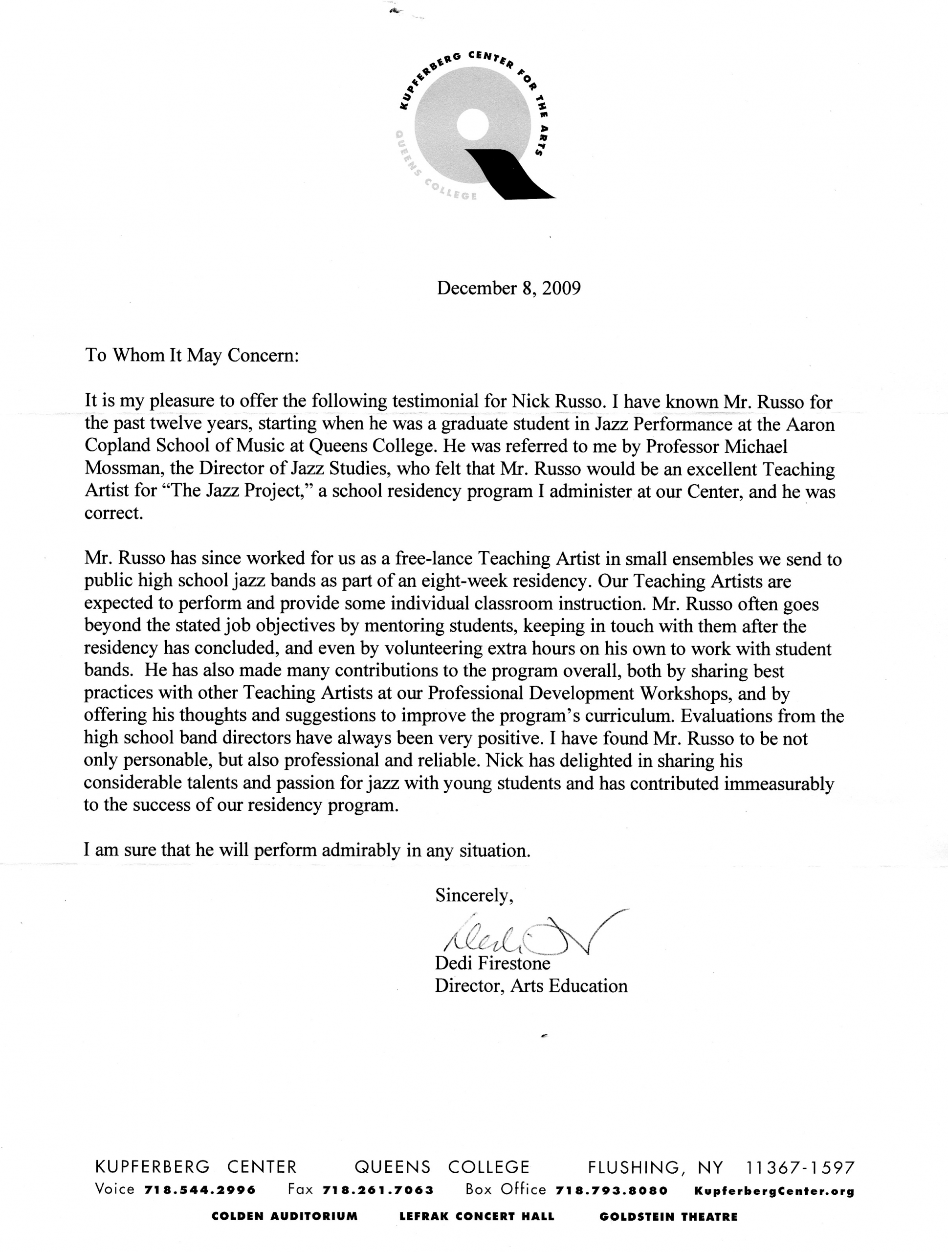 Nick Russo Queens College Recommendation Letter intended for size 2421 X 3196