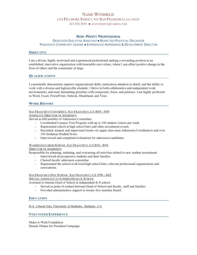 Non Profit Professional Resume with size 800 X 1035