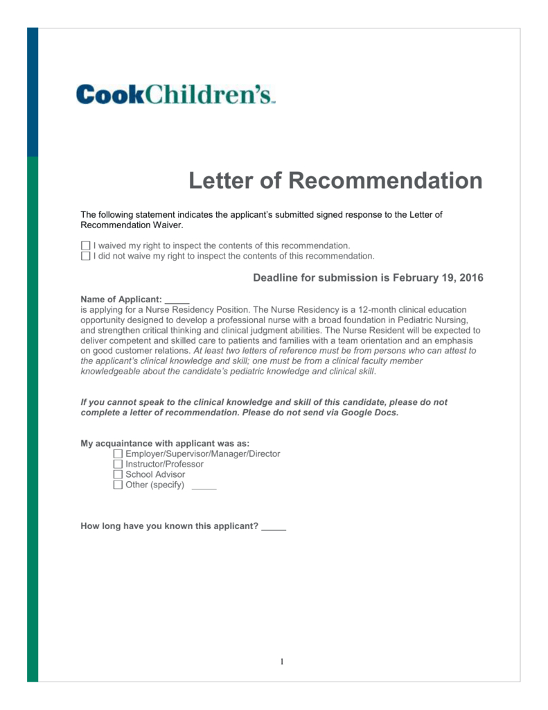 Pediatric Nurse Letter Of Recommendation • Invitation ...