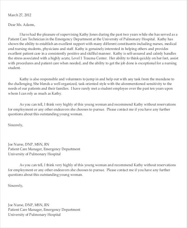 Sample Letter Of Recommendation Nursing Student • Invitation Template Ideas