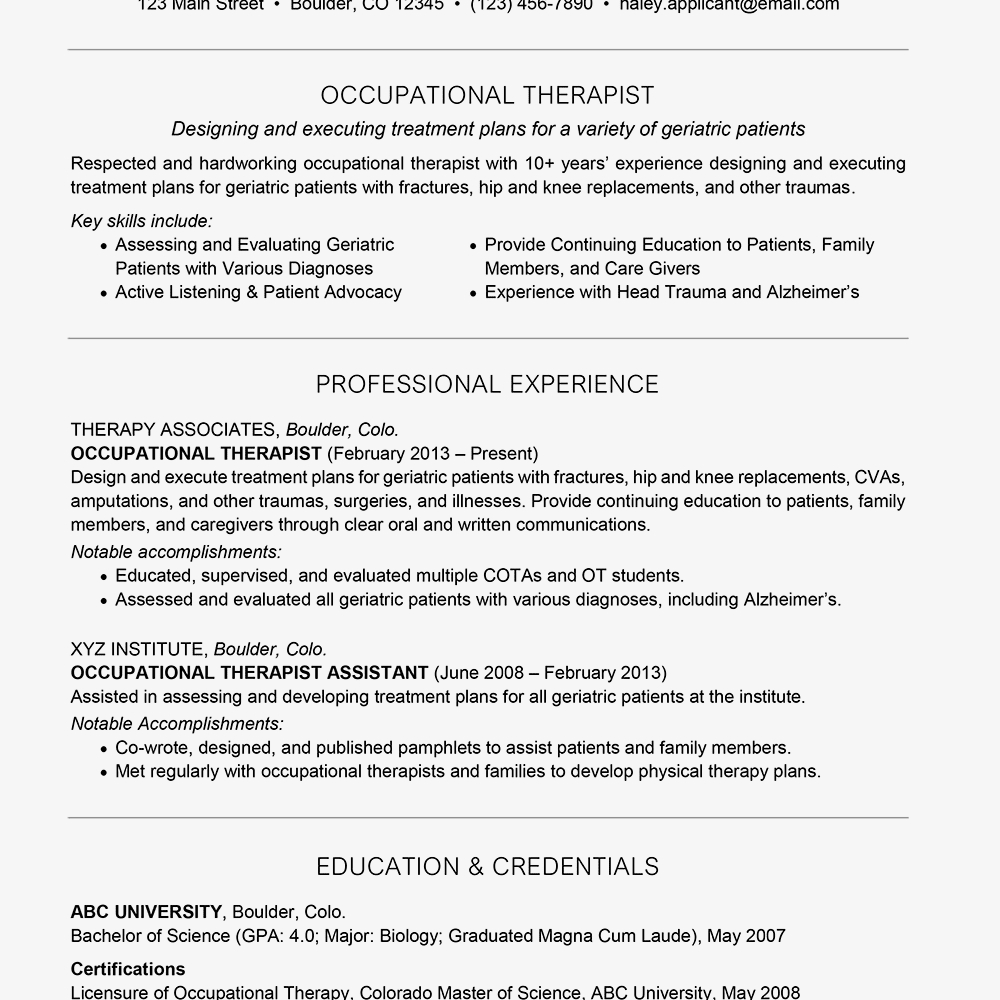 Occupational Therapist Cover Letter And Resume Examples inside size 1000 X 1000