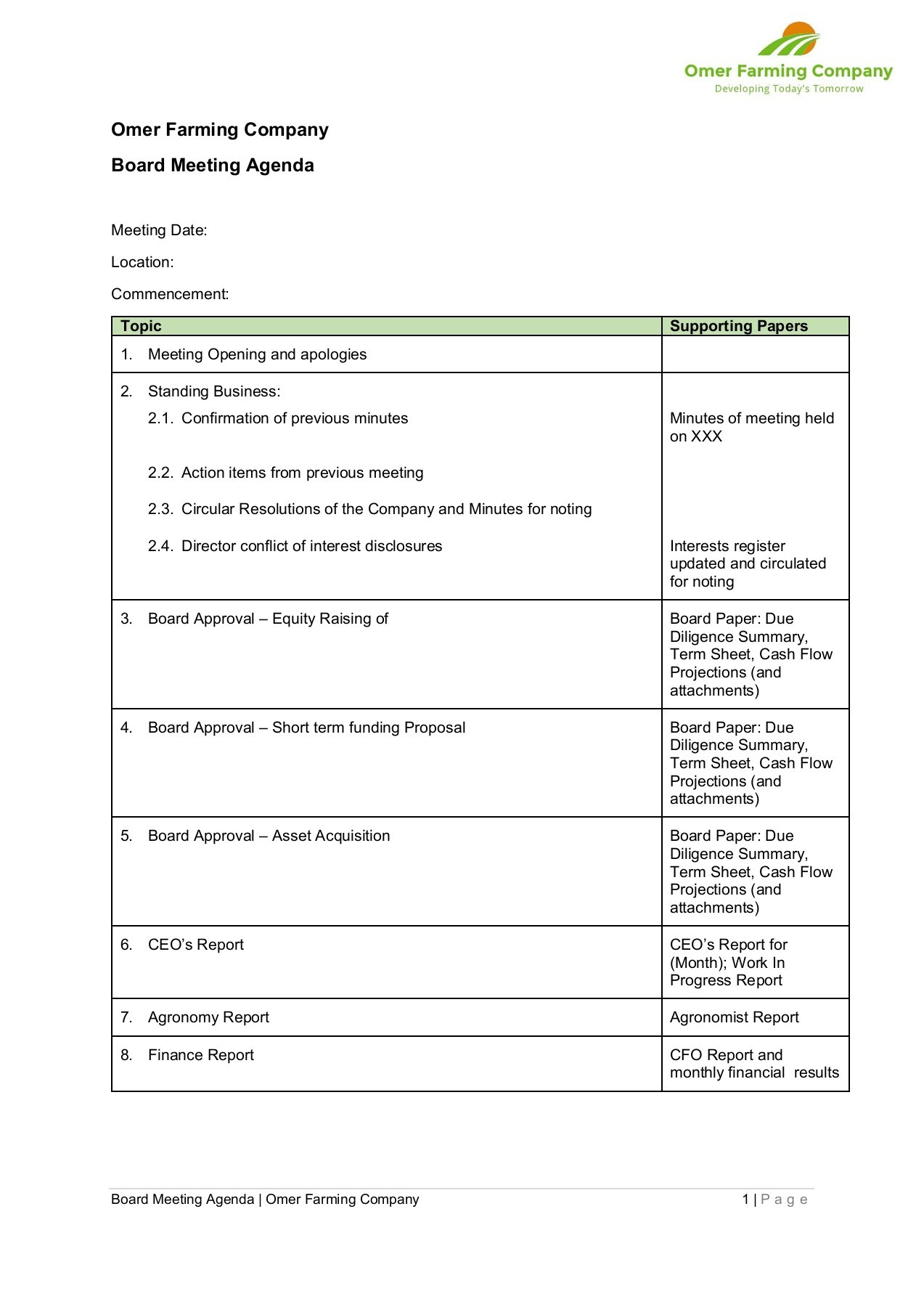 Omer Farming Company Board Agenda Template Pages 1 2 pertaining to dimensions 1273 X 1800