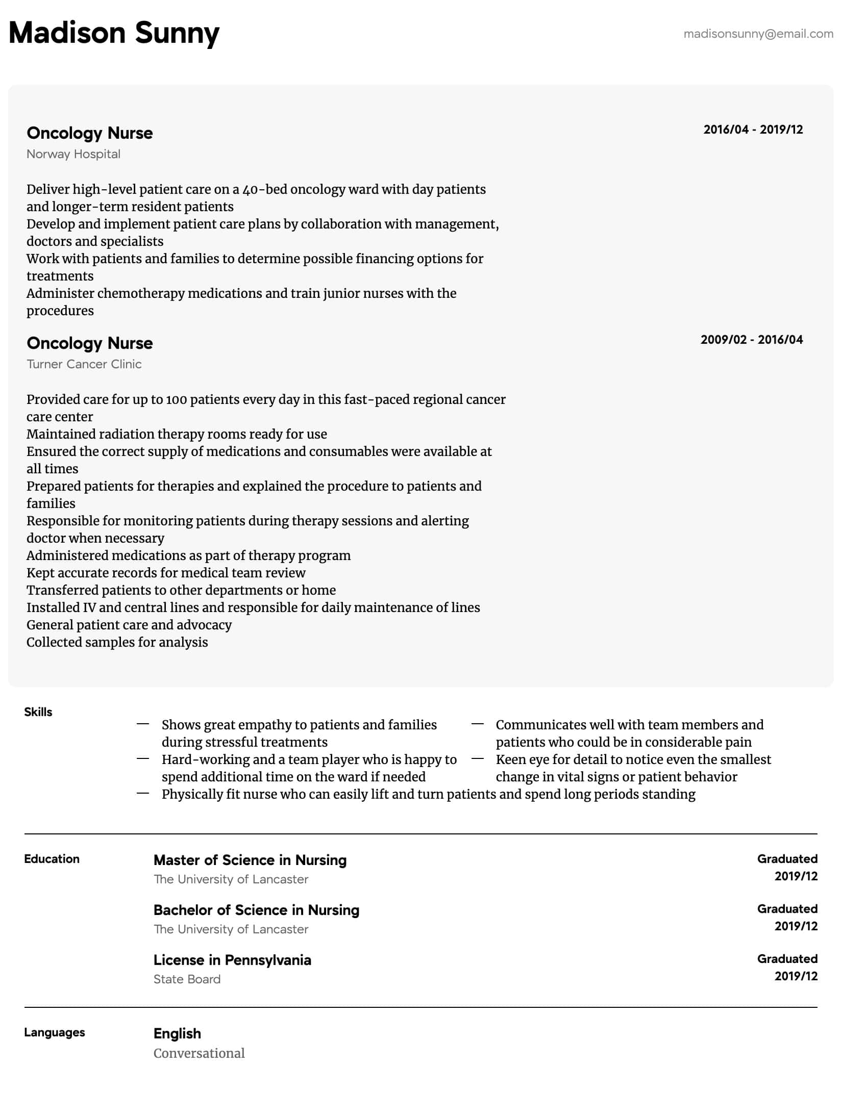 Oncology Nurse Resume Samples All Experience Levels within proportions 1650 X 2192