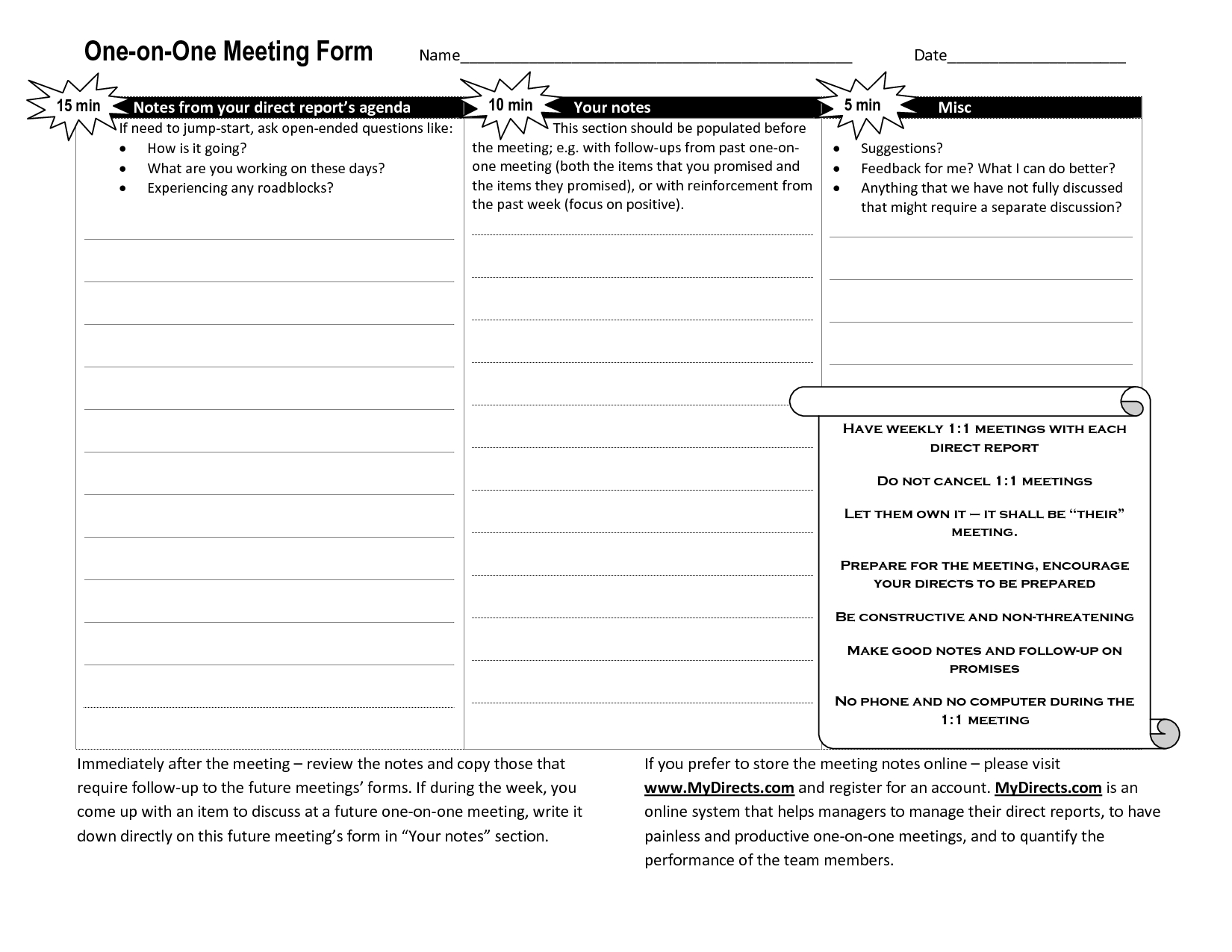 Printable One On One Meeting Template Excel