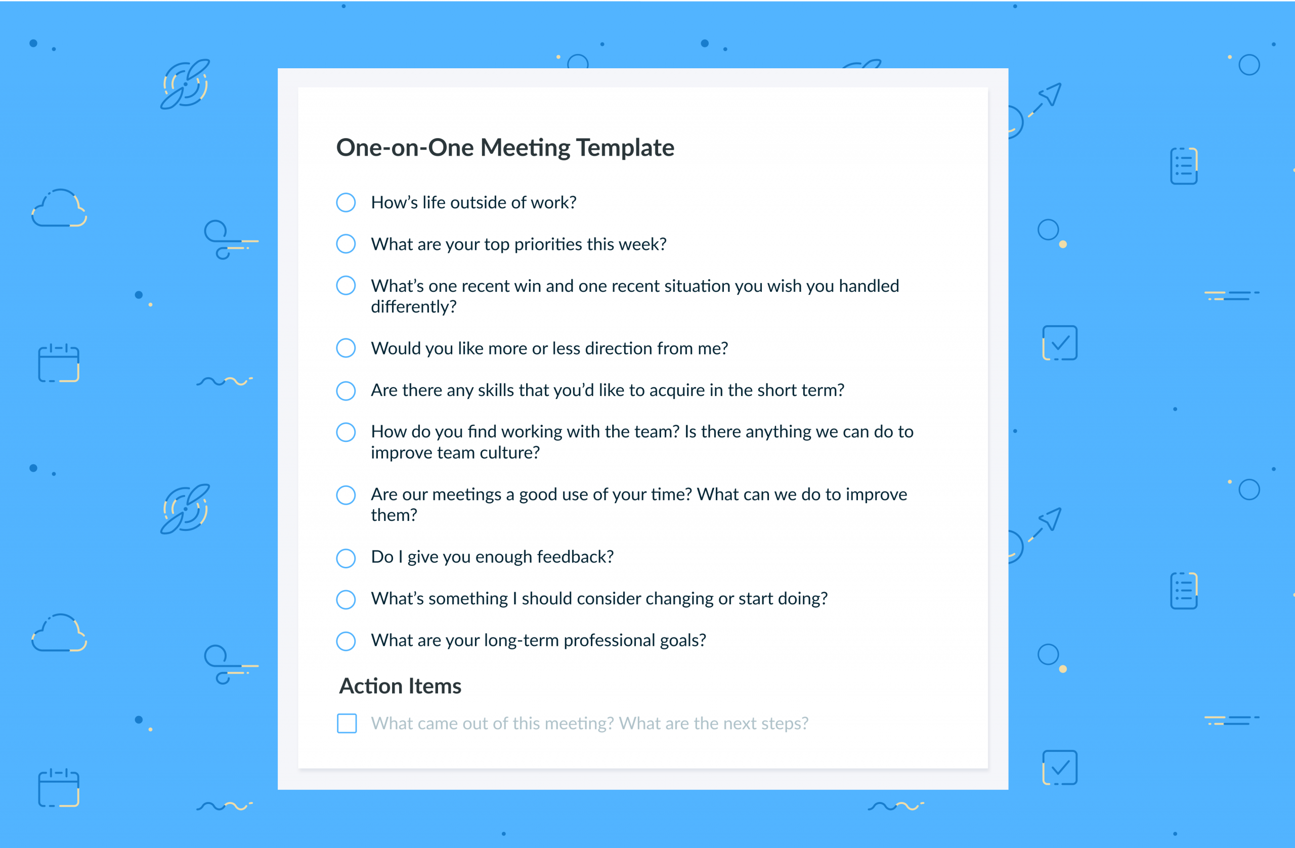 One On One Meeting Template Top 10 Questions Great Managers for dimensions 4000 X 2621