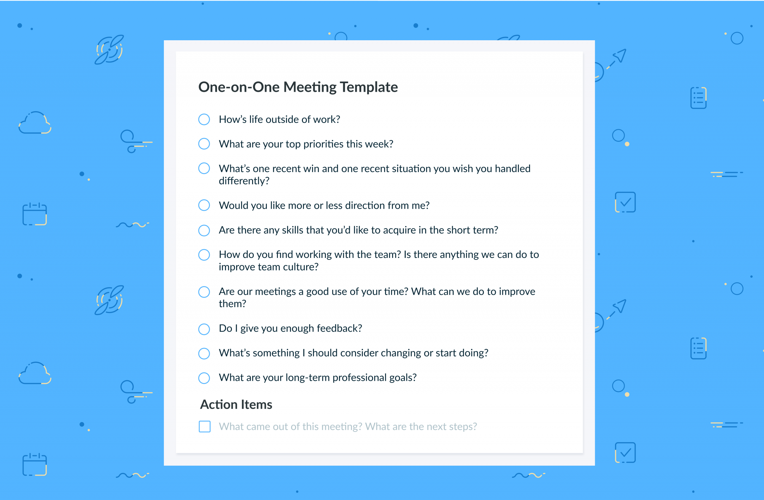 One On One Meeting Template Top 10 Questions Great Managers intended for dimensions 4000 X 2621
