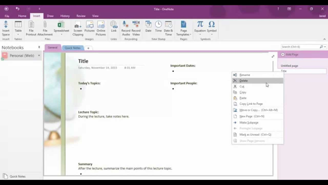 to do template onenote