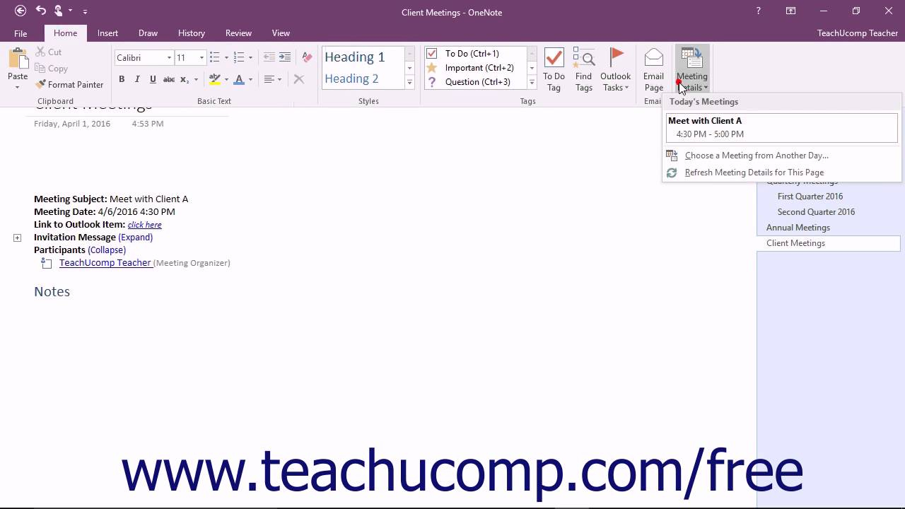 Onenote 2016 Tutorial Inserting Outlook Meetings Microsoft Training pertaining to proportions 1280 X 720