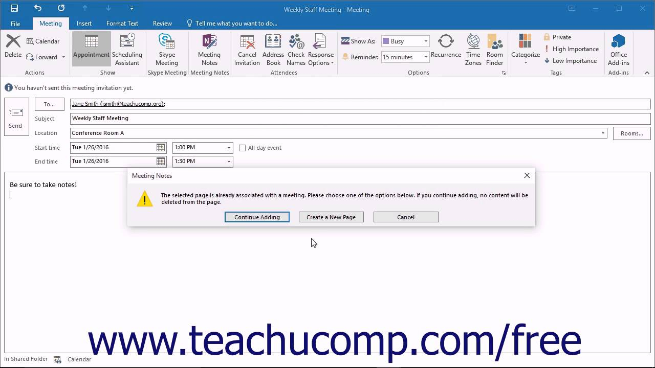 Outlook 2016 Tutorial Meeting Notes Microsoft Training Lesson regarding measurements 1280 X 720