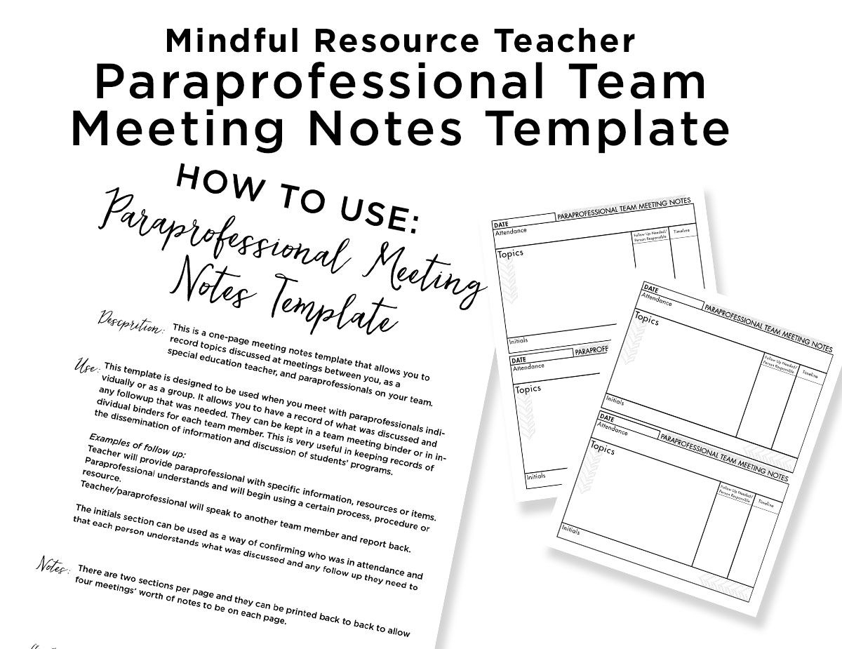 Paraprofessional Team Meeting Notes Template Notes inside proportions 1200 X 925