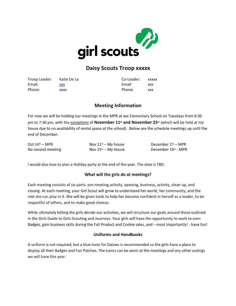 Parent Meeting Letterdocx Girl Scout Troop Leader throughout sizing 800 X 1035