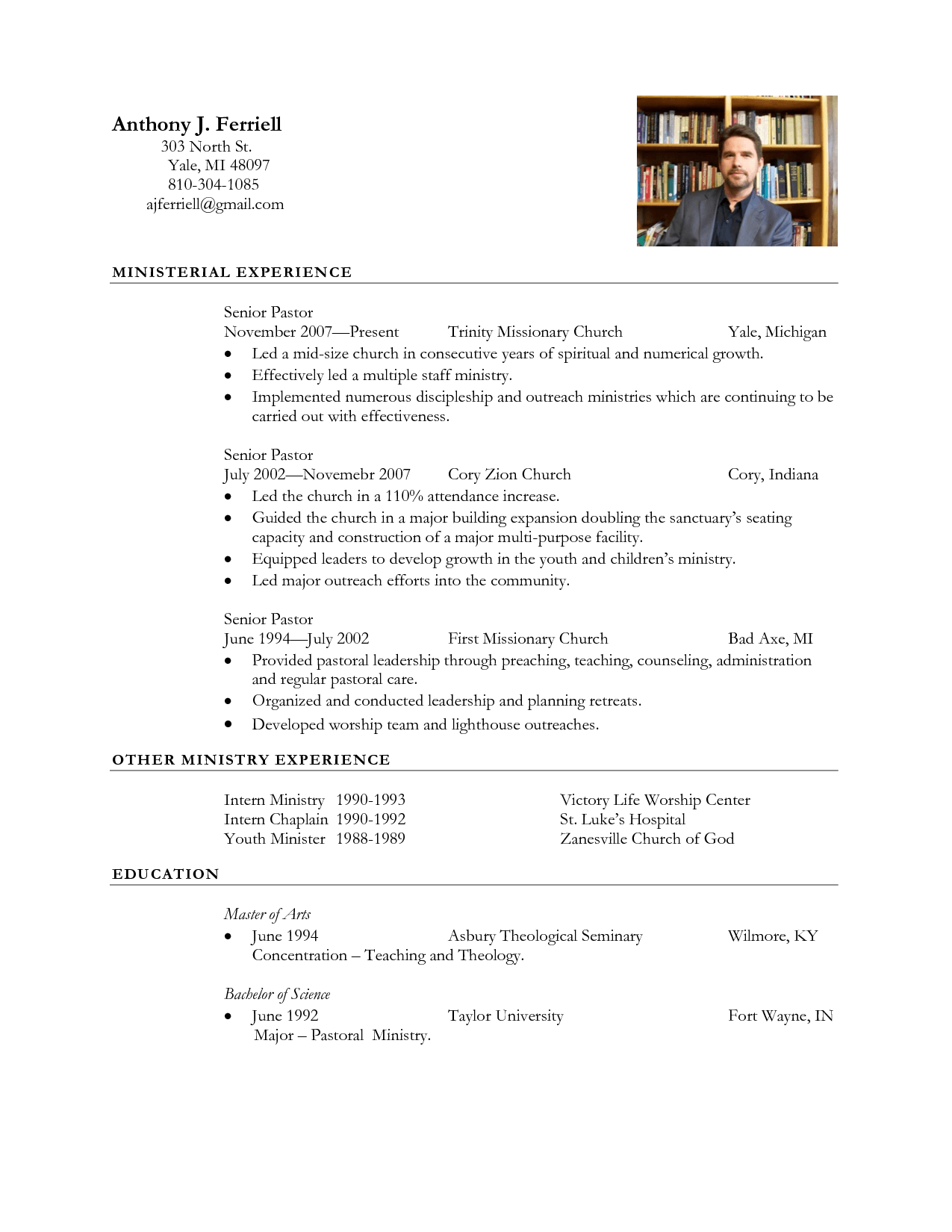 Pastoral Resume Example for dimensions 1275 X 1650