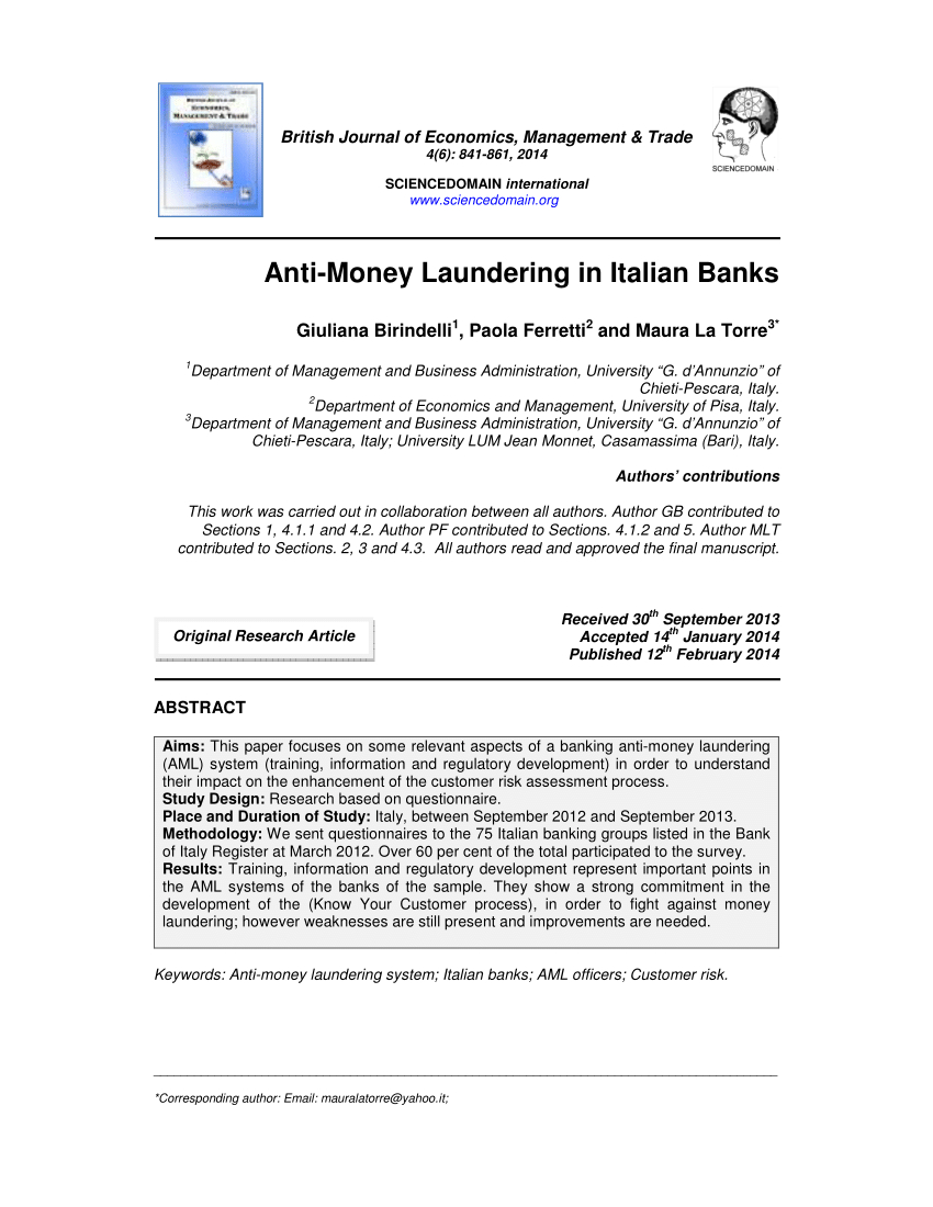 Pdf Anti Money Laundering In Italian Banks in size 850 X 1100