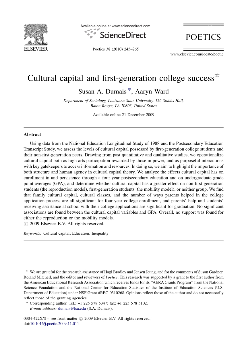 Pdf Cultural Capital And First Generation College Success for size 850 X 1238