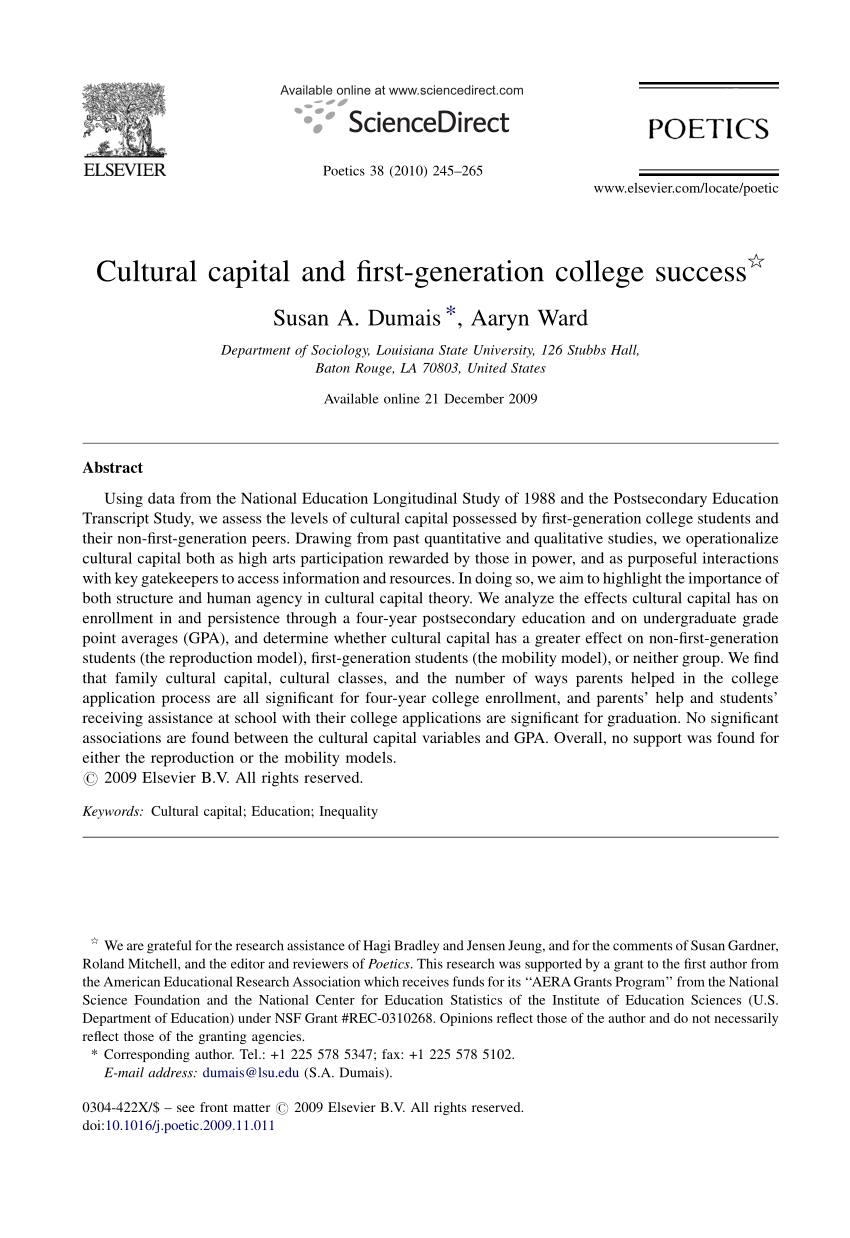 Pdf Cultural Capital And First Generation College Success pertaining to sizing 850 X 1238