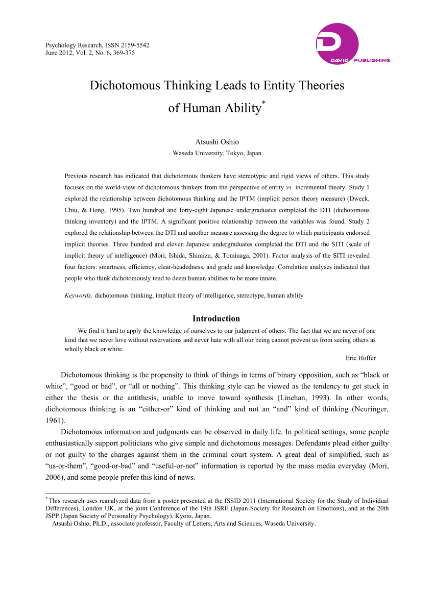 Pdf Dichotomous Thinking Leads To Entity Theories Of Human with regard to dimensions 850 X 1203