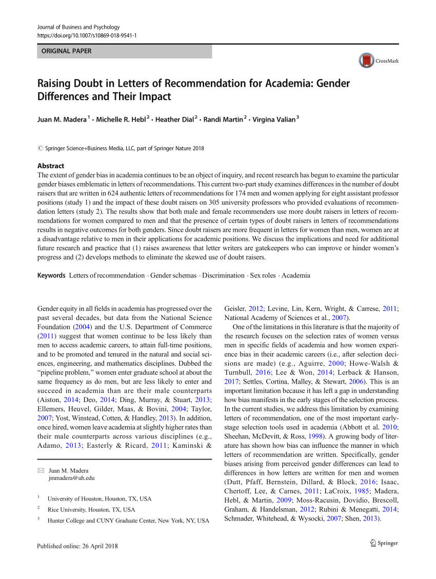 Pdf Raising Doubt In Letters Of Recommendation For Academia in sizing 850 X 1129