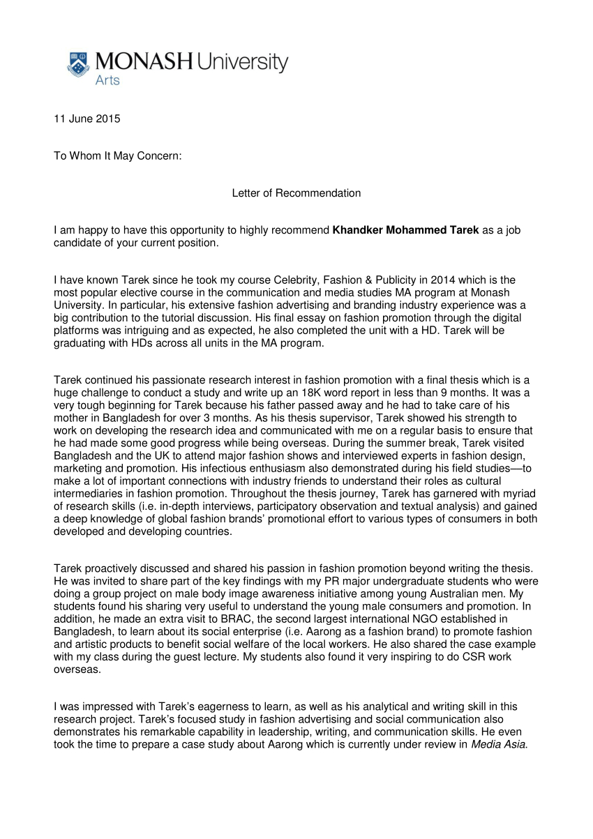 Pdf Recommendation Letter 2 Monash University Australia with regard to measurements 850 X 1203
