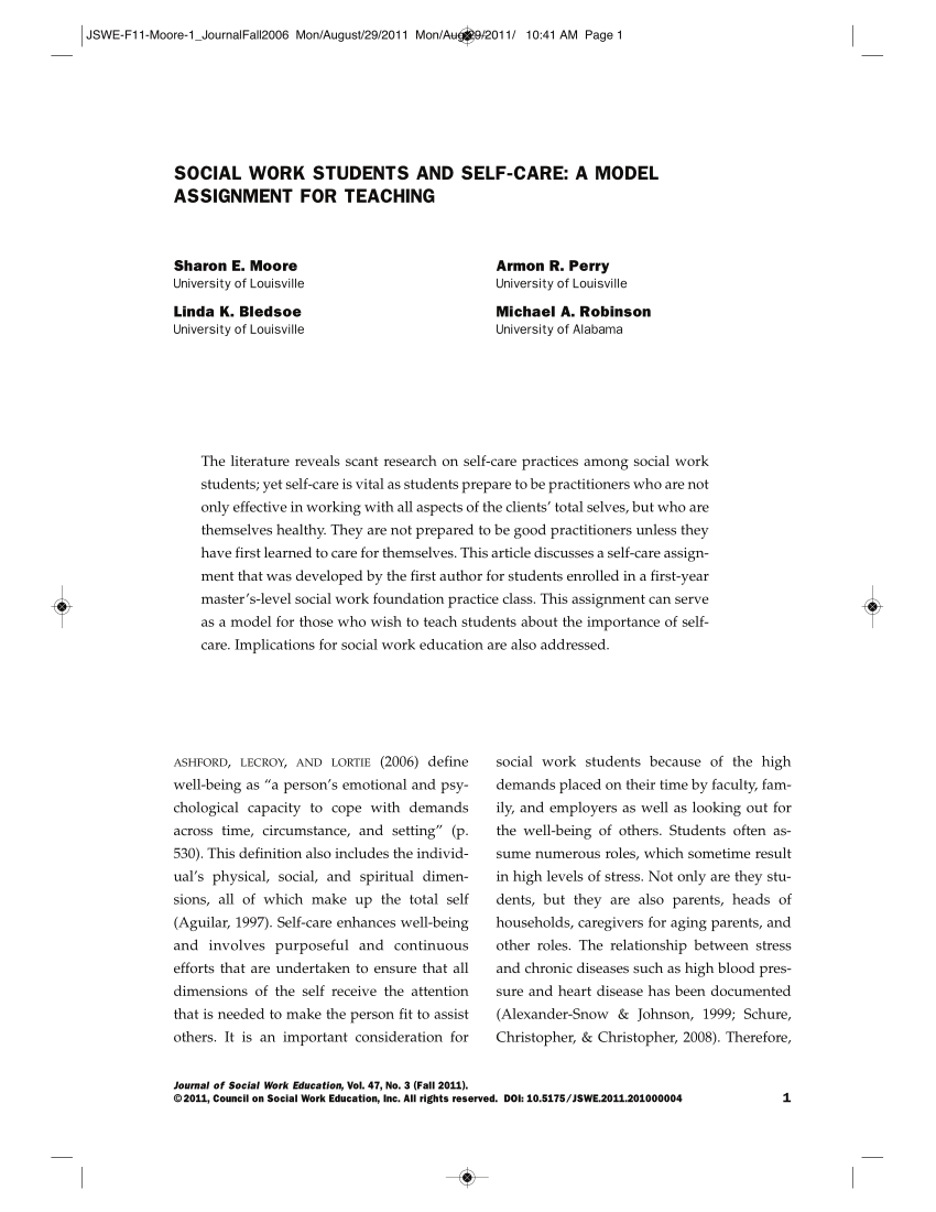 Pdf Social Work Students And Self Care A Model Assignment intended for measurements 850 X 1100