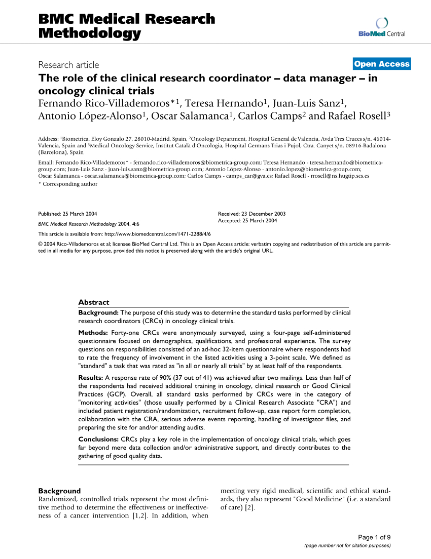 Pdf The Role Of The Clinical Research Coordinator Data throughout sizing 850 X 1104