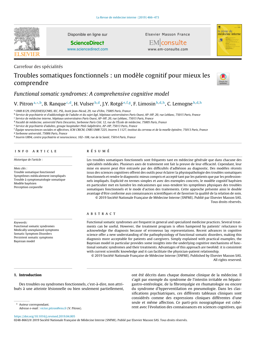 Pdf Troubles Somatiques Fonctionnels Un Modle Cognitif throughout dimensions 850 X 1133